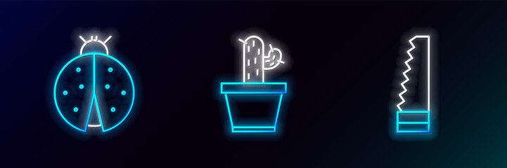 Fototapeta na wymiar Set line Garden saw, Ladybug and Cactus and succulent in pot icon. Glowing neon. Vector