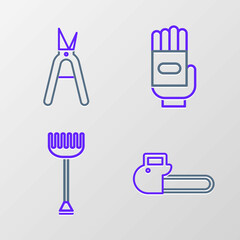 Set line Chainsaw, Garden rake, gloves and Gardening handmade scissors icon. Vector