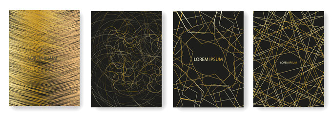 Set collection of black backgrounds with gold elements of threads and lines - obrazy, fototapety, plakaty