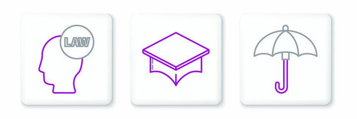 Set line Umbrella, Head with law and Graduation cap icon. Vector