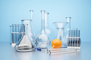 3d illustration of a set of laboratory instruments. Chemical laboratory research set on blue background