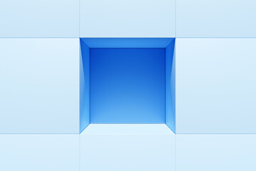 3D illustration empty blue cell. Simple geometric shapes, mosaic background. Honeycomb concept, beehive