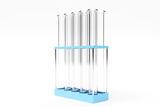 3d illustration of glassware with liquids for laboratory analysis, isolated on a цршеу  background. Flasks with a transparent liquid with reflection stand in an even row