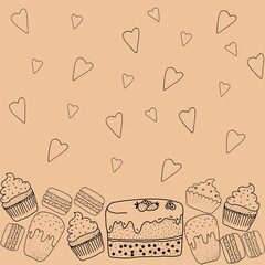 Seamless pattern of sweets and cakes, cupcake, cake, cupcakes, macaroons, contour drawing, hand-drawn, black outline on beige background, flat illustration, endless pattern, for printing on fabric