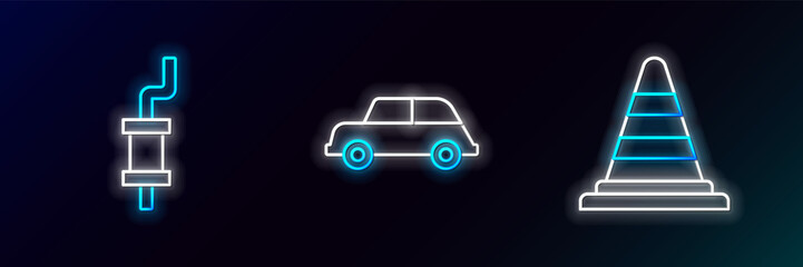 Set line Traffic cone, Car muffler and icon. Glowing neon. Vector