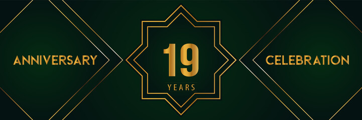 19 years anniversary celebration with gold number isolated on a dark green background. Premium design for marriage, graduation, birthday, brochure, poster, banner, and ceremony. Anniversary logo.