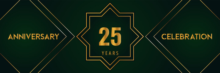 25 years anniversary celebration with gold number isolated on a dark green background. Premium design for marriage, graduation, birthday, brochure, poster, banner, and ceremony. Anniversary logo.