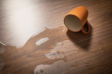 Drinking water cup fallen to the laminate floor.