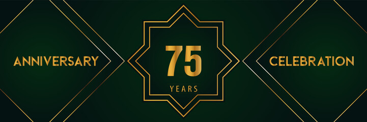 75 years anniversary celebration with gold number isolated on a dark green background. Premium design for marriage, graduation, birthday, brochure, poster, banner, and ceremony. Anniversary logo.