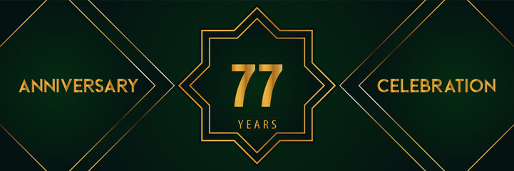 77 years anniversary celebration with gold number isolated on a dark green background. Premium design for marriage, graduation, birthday, brochure, poster, banner, and ceremony. Anniversary logo.