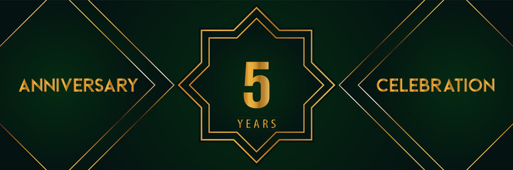 5 years anniversary celebration with gold number isolated on a dark green background. Premium design for marriage, graduation, birthday, brochure, poster, banner, and ceremony. Anniversary logo.