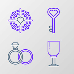 Set line Wine glass, Wedding rings, Key heart shape and Heart the center of darts target aim icon. Vector