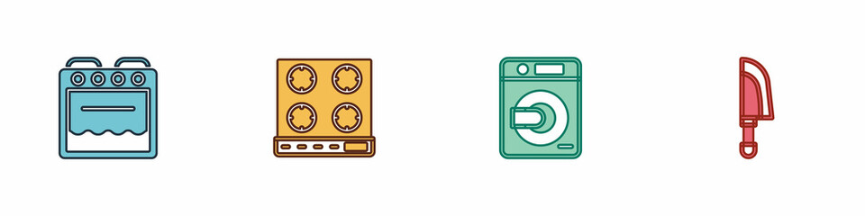 Set Oven, Gas stove, Washer and Knife icon. Vector