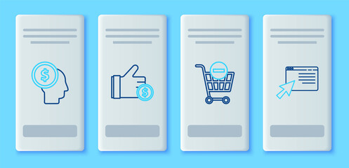 Set line Hand holding coin, Remove shopping cart, Business man planning mind and Online on screen icon. Vector