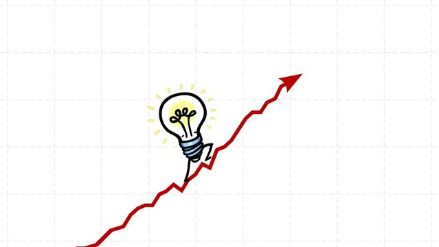 Idea bulb rate still goes up seamless loop. Walking up gold bar. Cartoon character rising fast. Funny business animation.