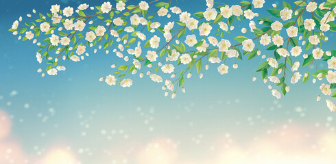 Decorative background of spring theme, with a flowering branch of a fruit tree, with white flowers. Raster illustration.