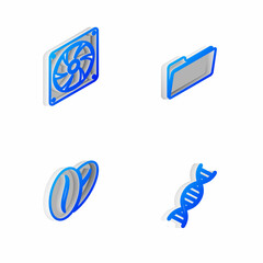 Set Isometric line Folder, Computer cooler, Coffee beans and DNA symbol icon. Vector