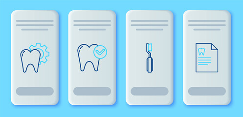 Set line Tooth whitening concept, Toothbrush, treatment procedure and Clipboard with dental card icon. Vector