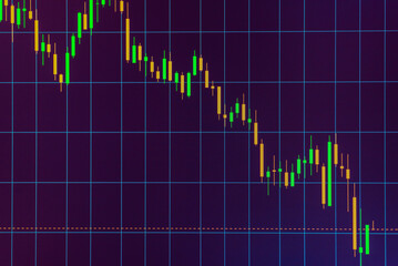 Daily trading prices stock market graph showing on the purple screen.Daily investor's business everyday life.Selective focus.