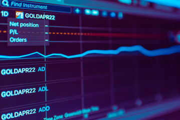 Daily trading gold prices stock market graph showing on the purple screen.Daily investor's business everyday life.Selective focus.Telsiai,Lithuania.03-26-2022