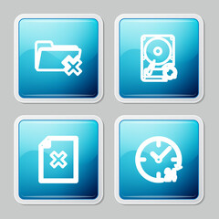 Set line Delete folder, Hard disk drive HDD sync refresh, file document and Clock 24 hours icon. Vector