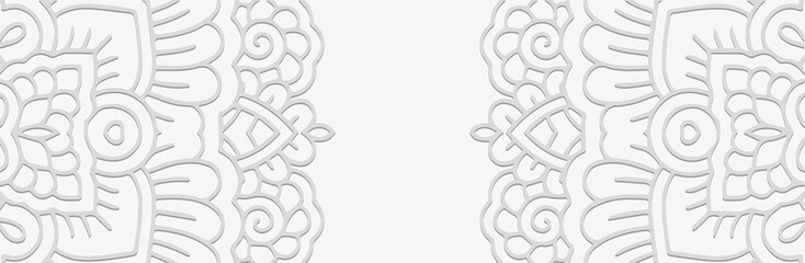 Luxury banner, floral cover design. Embossed ethnic 3D pattern on a white background. Tribal tracery ornaments of East, Asia, India, Mexico, Aztecs, Peru for brochure, booklet, flyer, website.