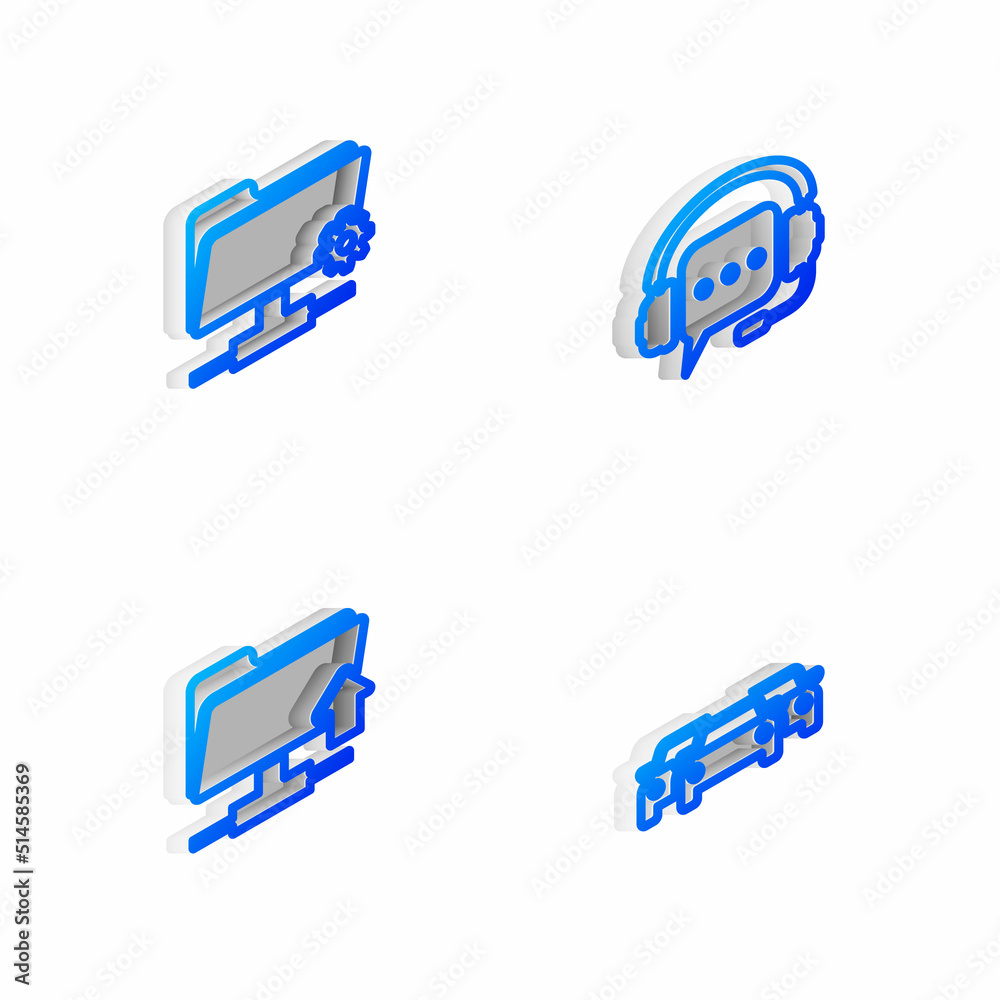 Poster set isometric line headphones with speech bubble, ftp settings folder, upload and cars icon. vector