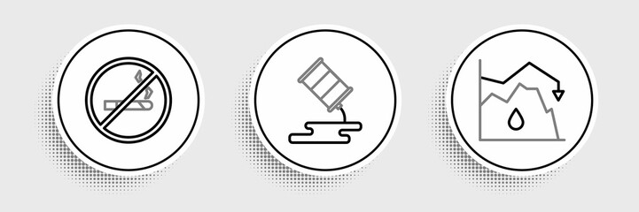 Set line Drop in crude oil price, No Smoking and Barrel leak icon. Vector