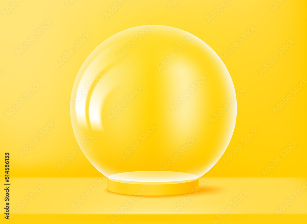 Poster yellow showcase with transparent glass sphere. 3d vector presentation mockup