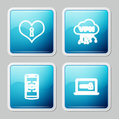 Set line Heart with keyhole, Cloud VPN interface, Mobile and eye scan and Laptop password icon. Vector