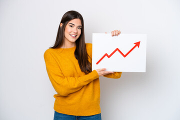 Young Brazilian woman isolated on white background holding a sign with a growing statistics arrow symbol