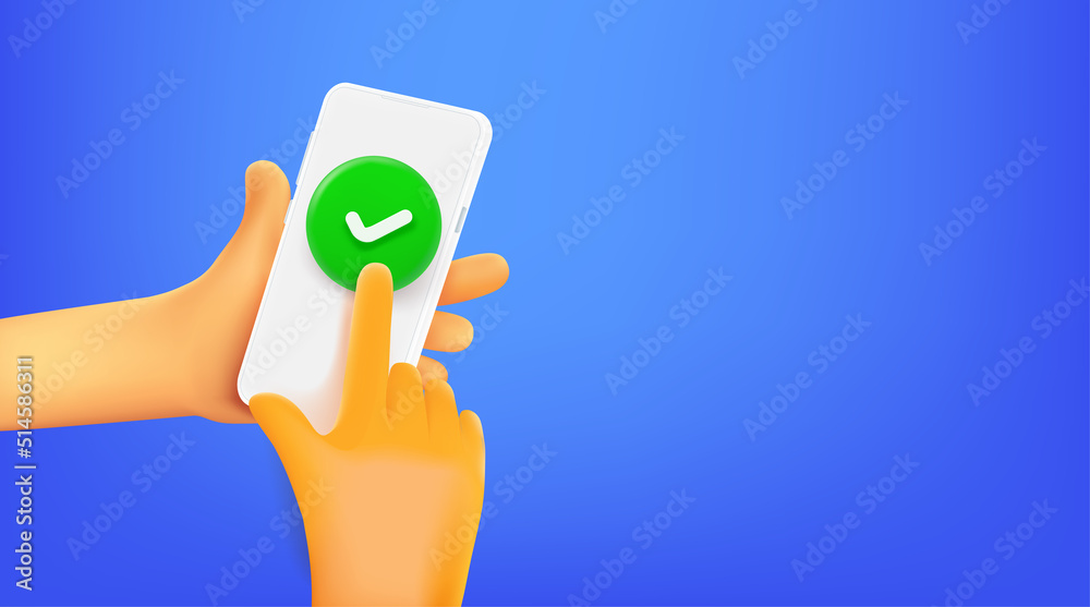 Aufkleber Man using social mobile phone, pressing check button. 3d vector banner with copy space