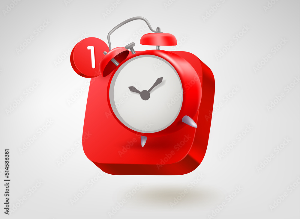 Poster Red alarm clock button. 3d vector mobile application icon