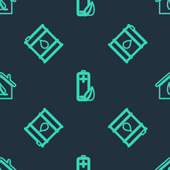 Set line Eco nature leaf and battery, Oil barrel and friendly house on seamless pattern. Vector