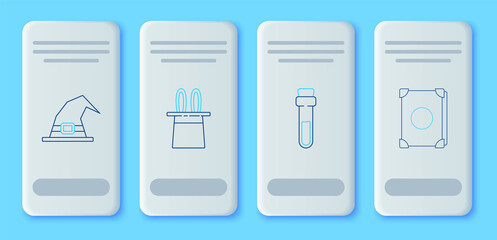 Set line Magician hat and rabbit ears, Bottle with love potion, Witch and Ancient magic book icon. Vector