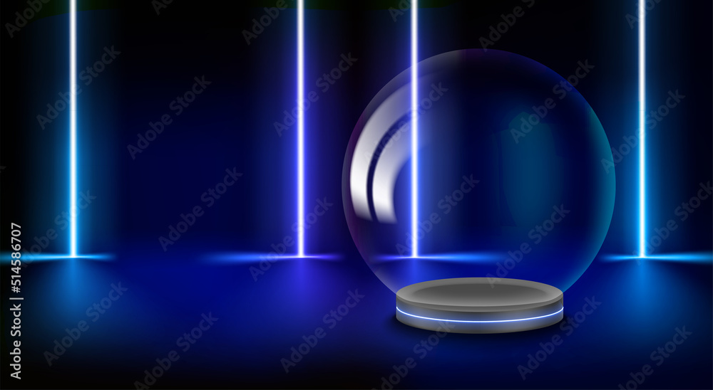 Poster showcase with transparent glass sphere and neon glow. 3d vector presentation mockup