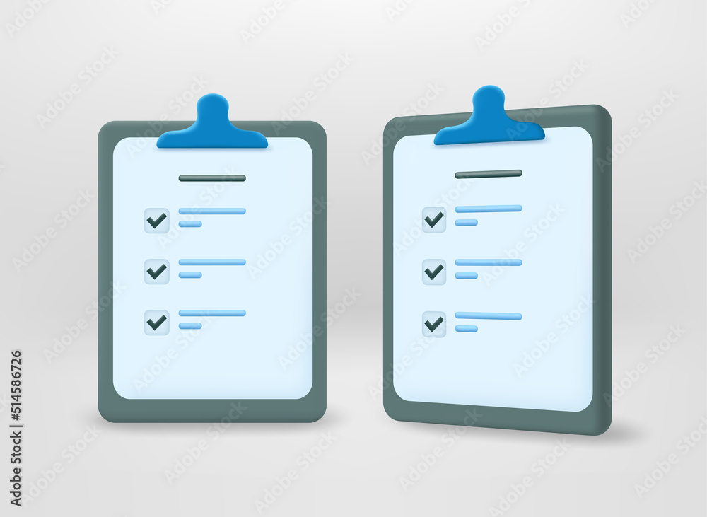 Poster clipboard with paper survey. 3d vector set