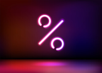Neon glowing percent icon. 3d vector illustration