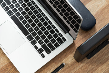 Computer connecting cable on wooden table