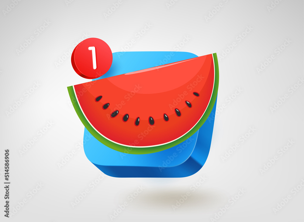 Poster Red water melon on blue button with notification. 3d vector mobile application icon