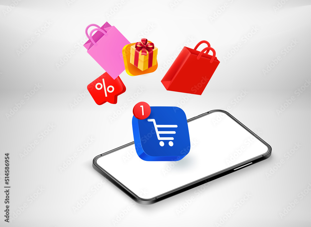 Aufkleber internet shopping via modern smartphone. 3d vector concept
