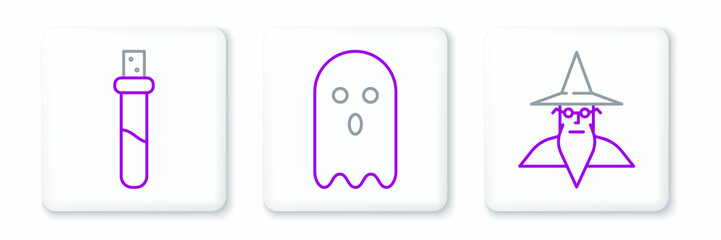 Set line Wizard warlock, Bottle with love potion and Ghost icon. Vector