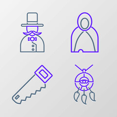 Set line Dream catcher with feathers, Hand saw, Mantle, cloak, cape and Magician icon. Vector