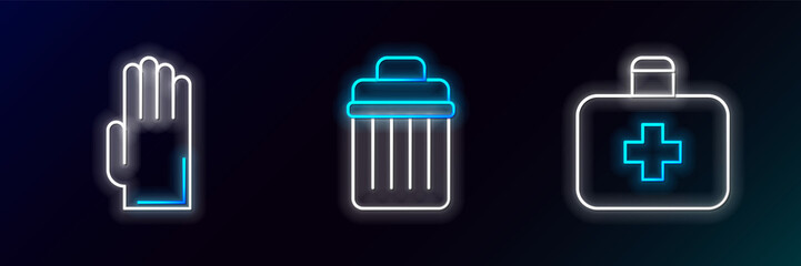 Set line First aid kit, Rubber gloves and Trash can icon. Glowing neon. Vector