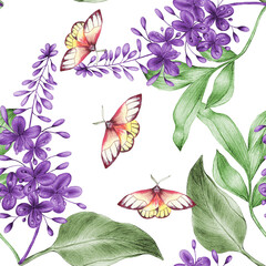 Hand drawn watercolor  seamless pattern of bright colorful realistic butterflies and flowers .Mixed media art.