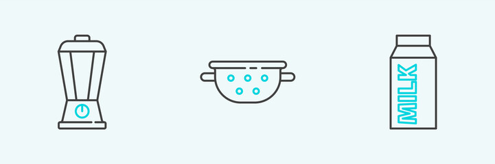 Set line Paper package for milk, Blender and Kitchen colander icon. Vector