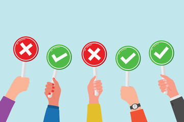 Hands holding true and false symbol. Votes concept. Wrong and right. Approve, reject, agree and disagree feedback illustration