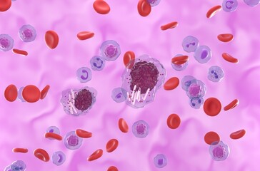 Chronic lymphocytic leukemia (CLL) cells in blood flow - isometric view 3d illustration - obrazy, fototapety, plakaty