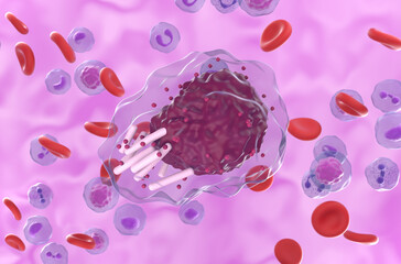 Chronic lymphocytic leukemia (CLL) cell in blood flow - closeup view 3d illustration