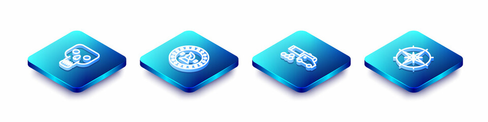 Set Isometric line Skull, Pirate coin, Cannon with cannonballs and Wind rose icon. Vector